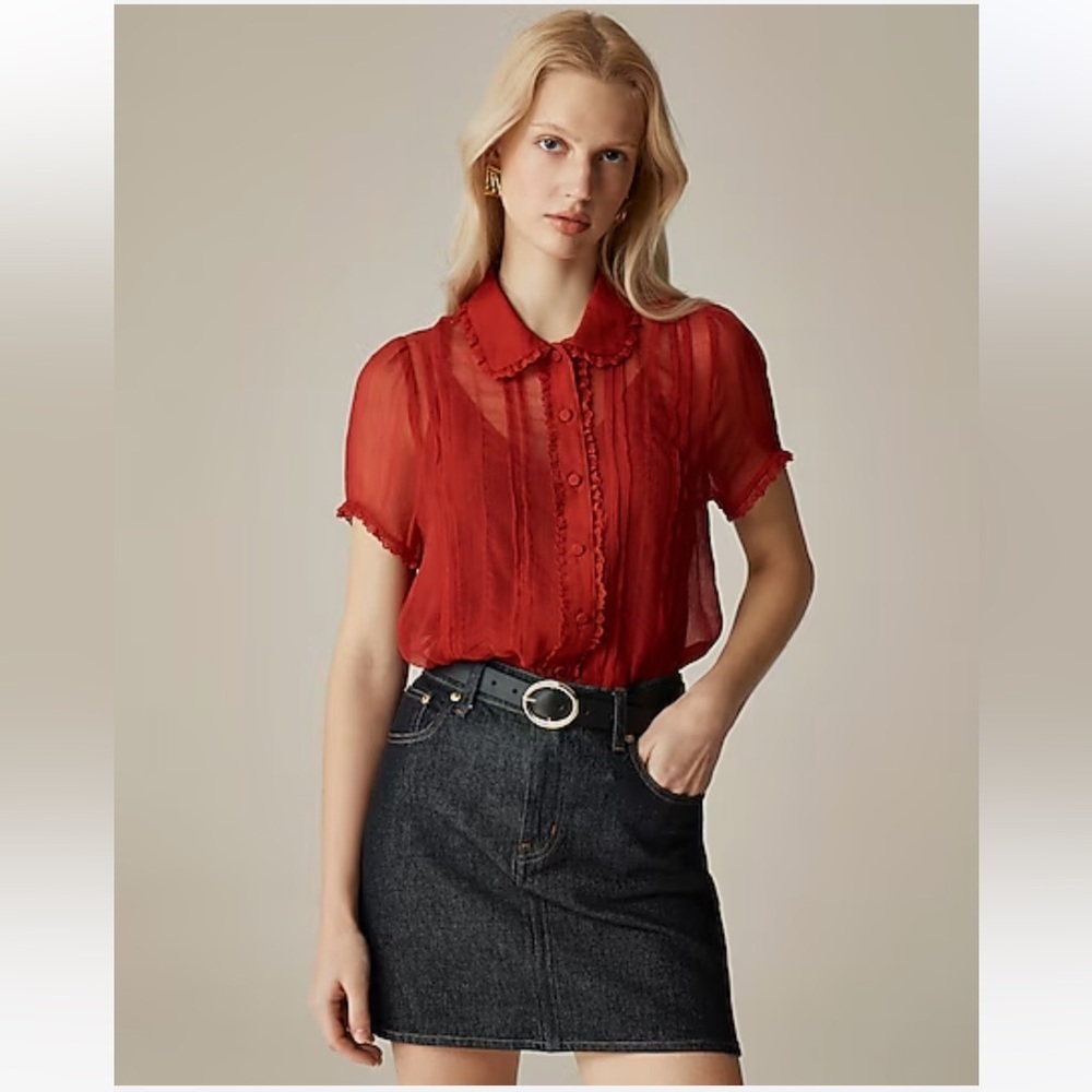 New J. Crew 2x Women’s Sheer lace-trim button-up shirt In Persian Red CD018